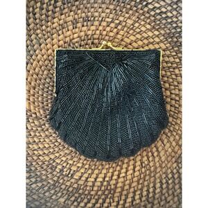 Vintage Black Beaded Clutch Purse Gold Frame Chain Strap Evening Bag